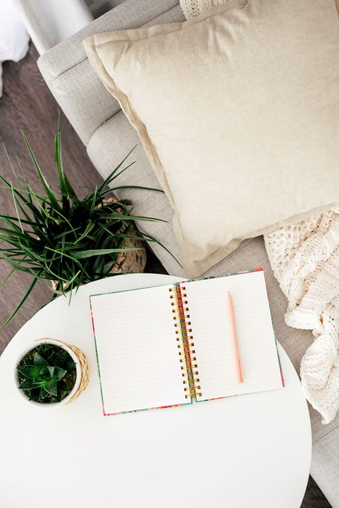 open journal on coffee table with green succulent plants