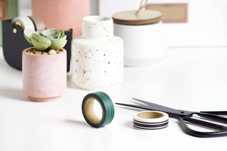 table with succulent plant scissors and washi tape