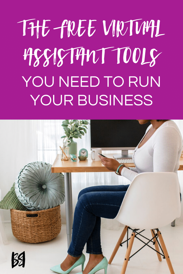 woman sitting in home office with free virtual assistant tools graphic