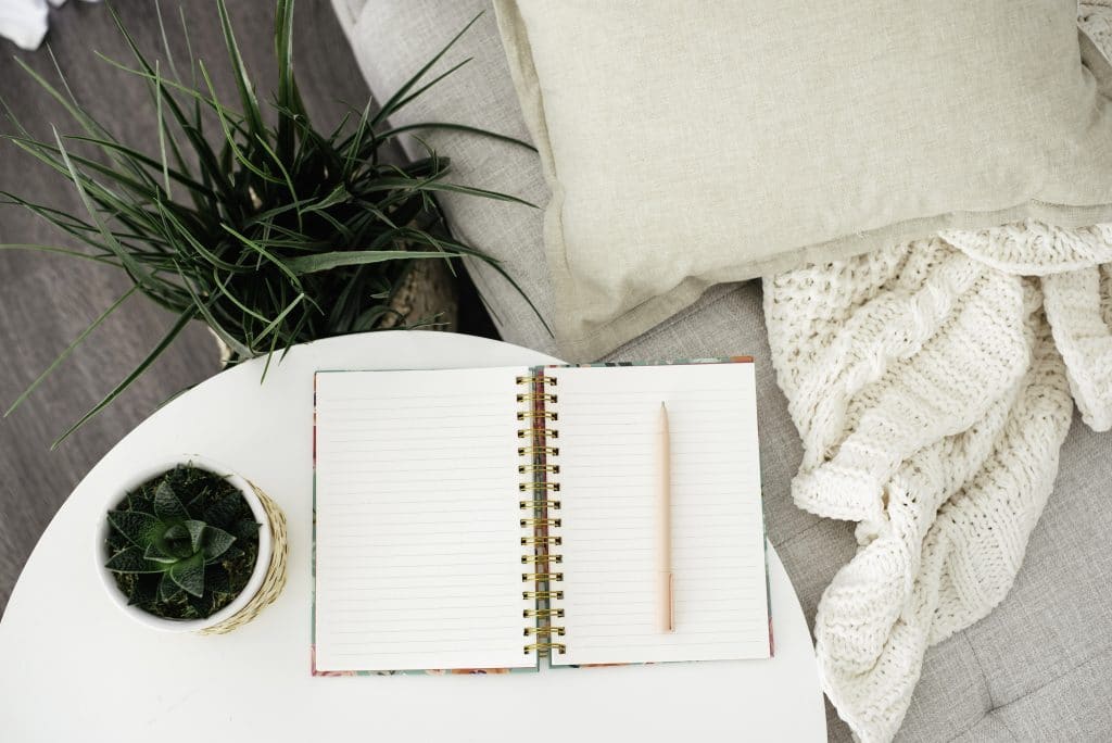 Notebook and pen on table with plant
